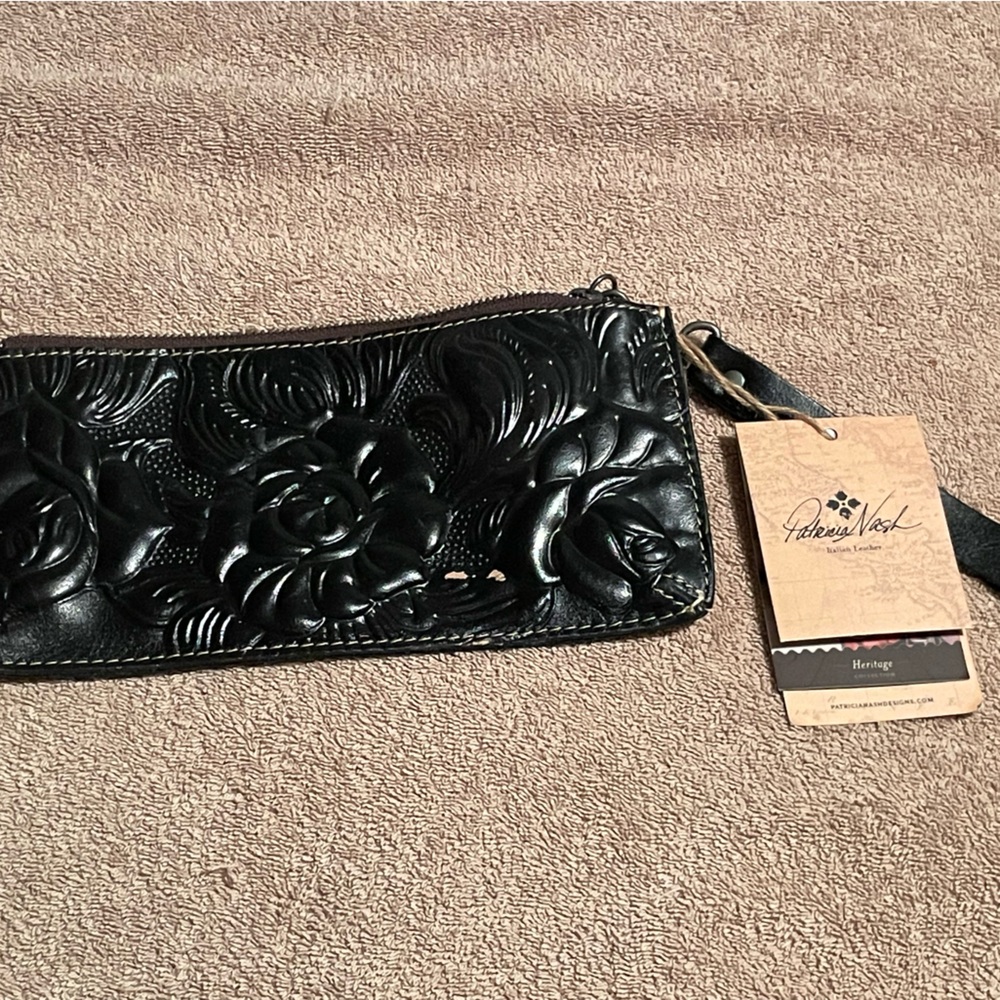 Patricia Nash Black Floral Embossed Wristlet